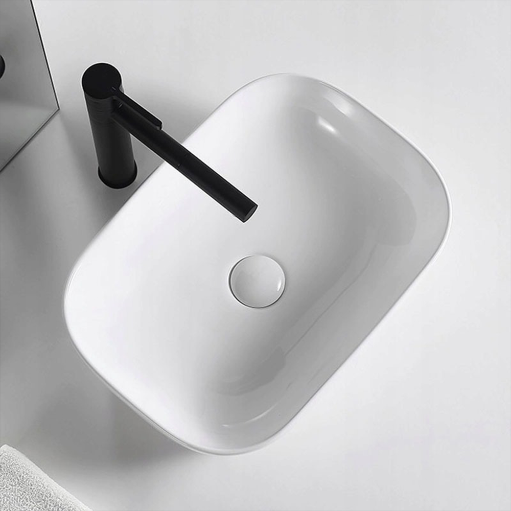 Umywalka ceramiczna Rebiko – 460 x 330 x 140 mm, biała, minimalistyczny, nowoczesny design