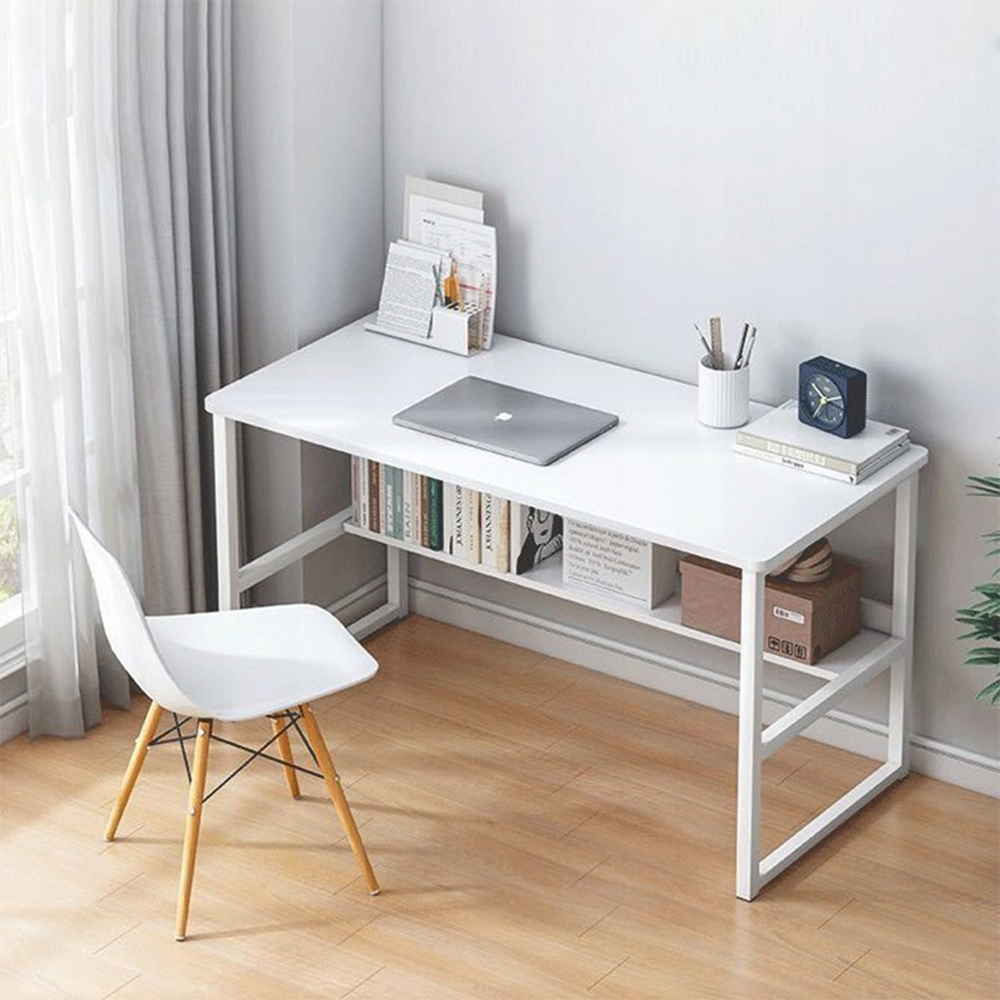 Nowoczesne białe biurko młodzieżowe z wbudowaną półką – 100x45x73 cm, wykonane z MDF, elegancki design.