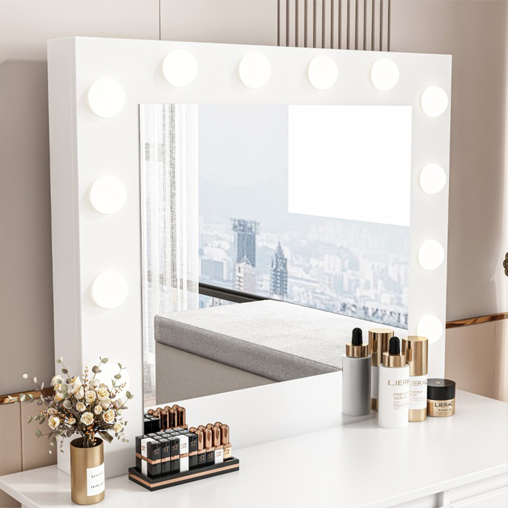 Nowoczesna biała toaletka z oświetleniem LED – 90x140x40 cm, elegancki styl do sypialni lub salonu