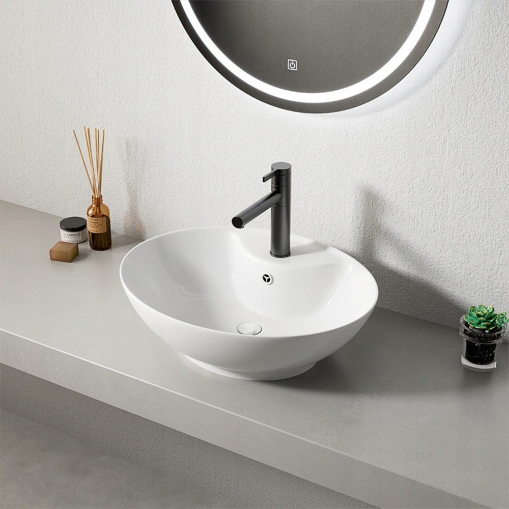 Owalna umywalka z białej ceramiki z przelewem – blat – 50x38 cm