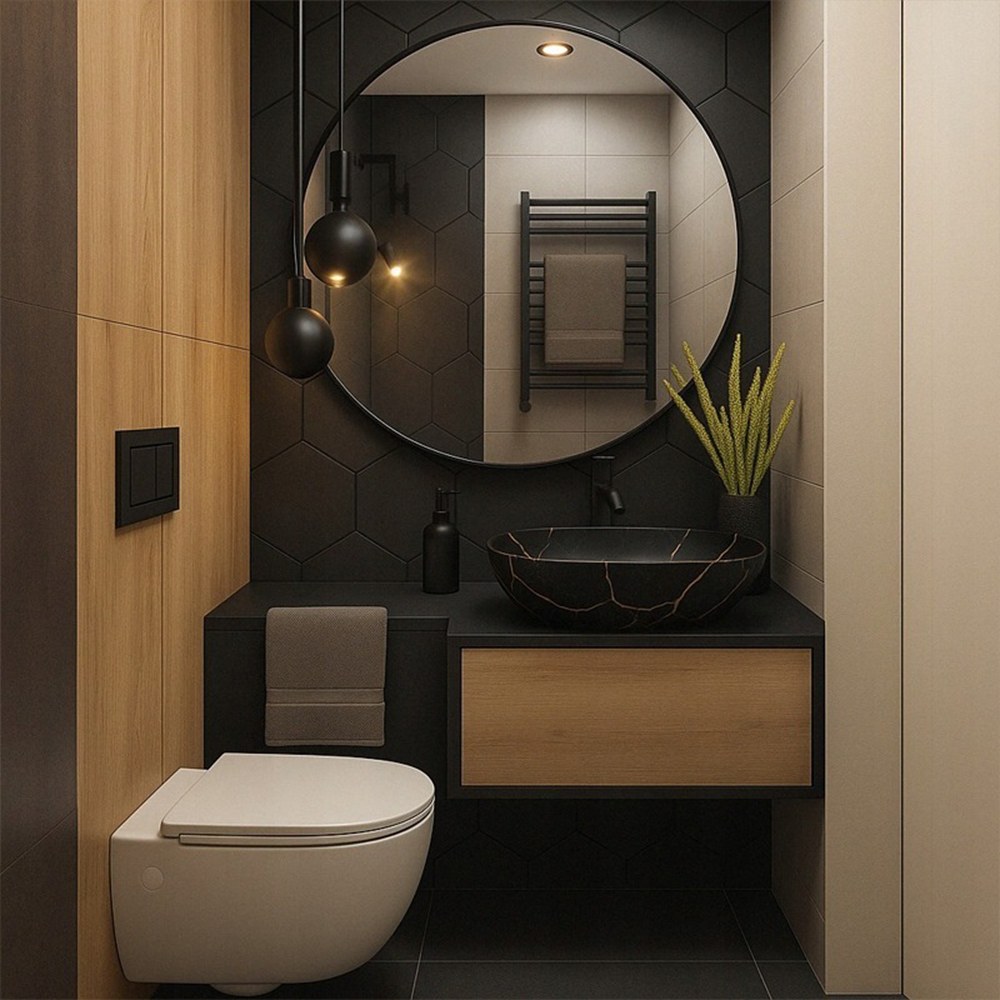 Umywalka z ceramicznym blatem – czarny matowy, efekt marmuru, 46,5 x 33 cm, nowoczesny design