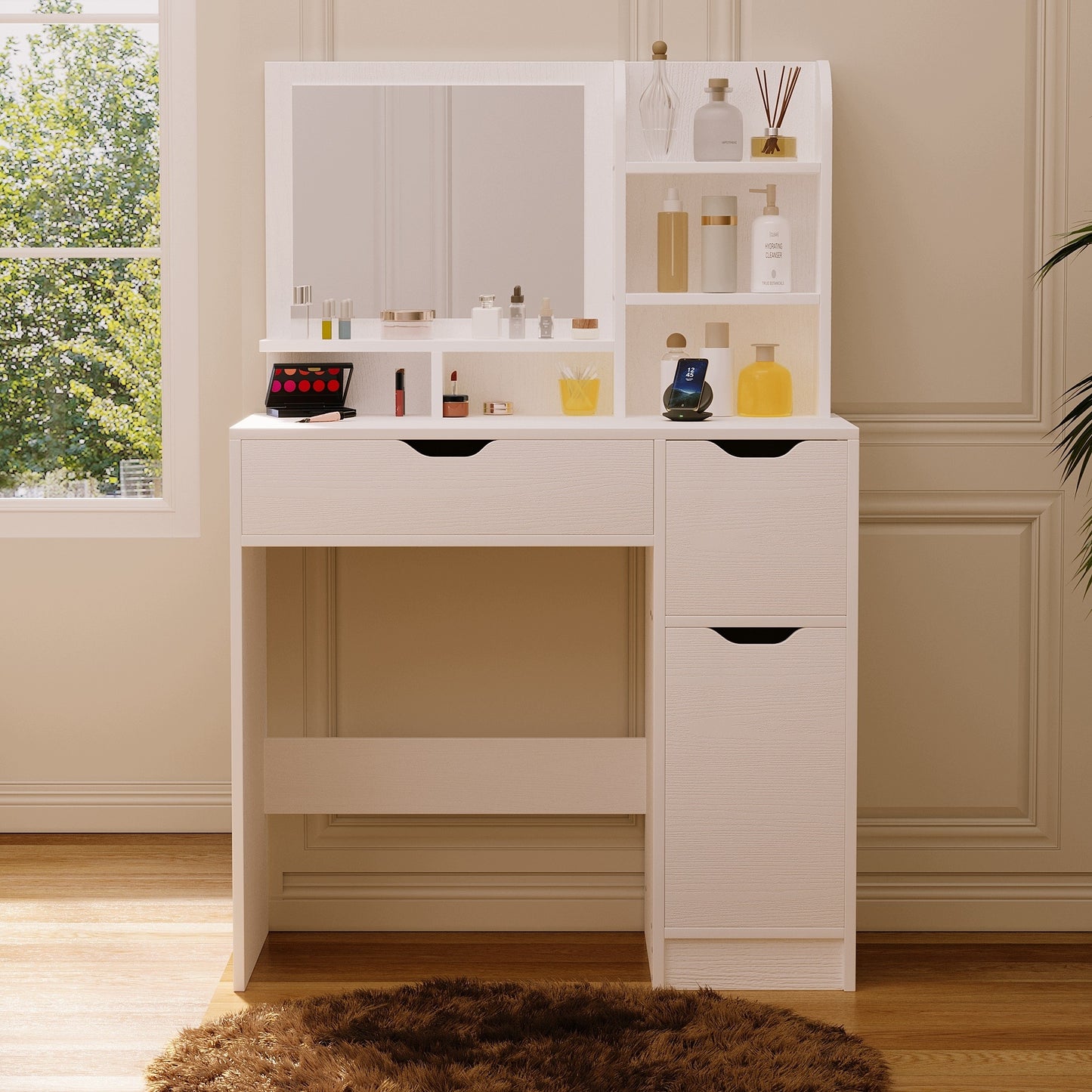 Toaletka kosmetyczna z lustrem I szufladami – biała, 80 cm