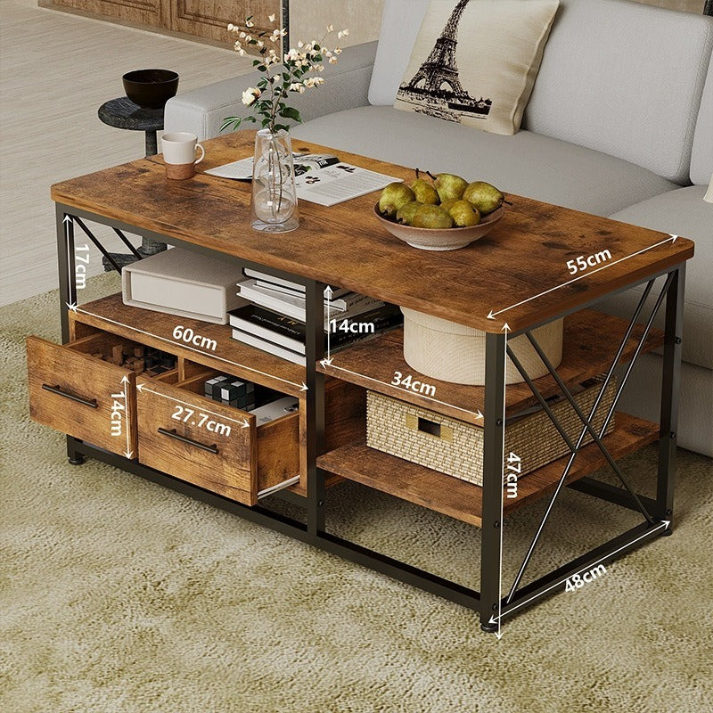 Stolik Kawowy Loft z 2 Szufladami i Półkami Dąb Rustykalny Czarny Metal 100x55x47 cm
