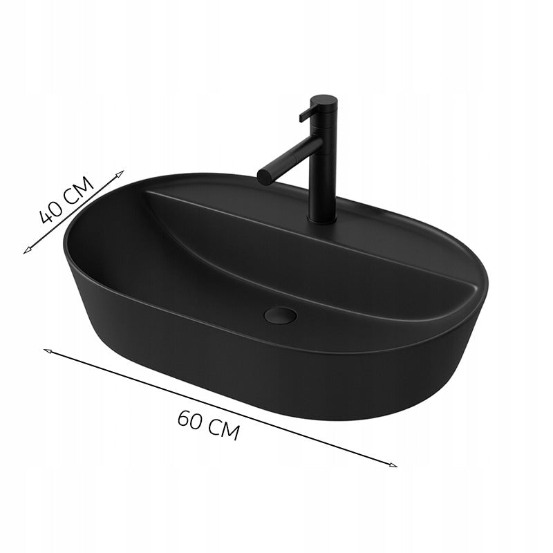 Owalna umywalka z czarnej ceramiki z otworami, 60 cm