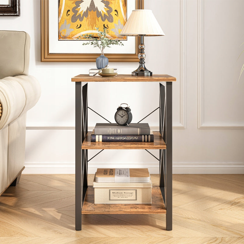 Industrialny stolik kawowy z półkami – 40 x 40 x 60 cm, MDF z efektem postarzanego drewna i metalowymi nogami