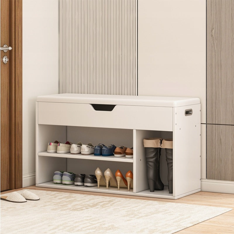 Biała szafka na buty z drewnianym siedziskiem i schowkiem 80 cm