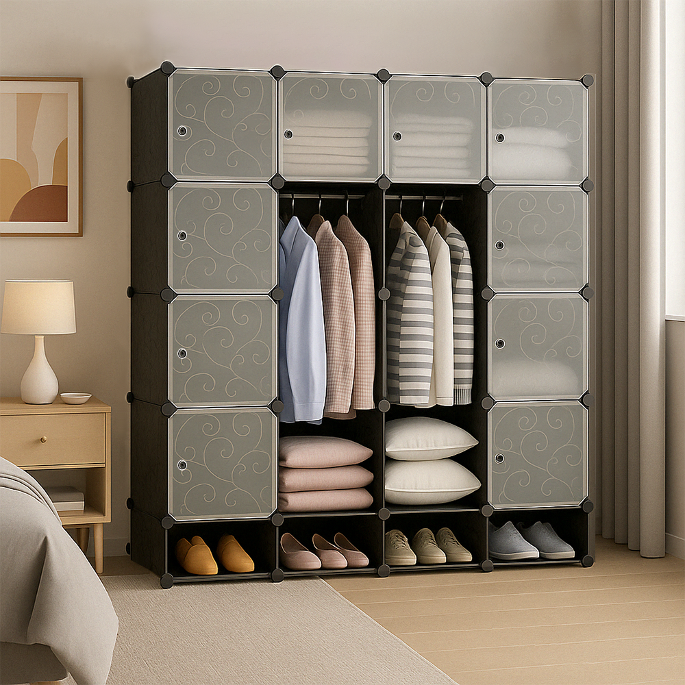 Składana szafa modułowa 165x147 cm – szafa z półkami i miejscem na buty, idealna do sypialni lub w podróż