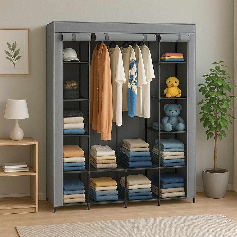 Modułowa szafa tekstylna 170x45x175 cm z 14 półkami i 2 drążkami na wieszaki – przestronna szafa z metalową ramą