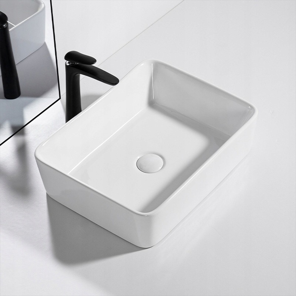 Umywalka ceramiczna Rebiko – 490 x 380 x 140 mm, biała, nowoczesny i minimalistyczny design