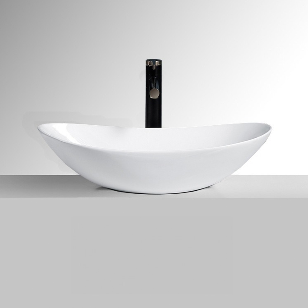 Owalna umywalka z białej, błyszczącej ceramiki do łazienki, 60,5×36×15 cm