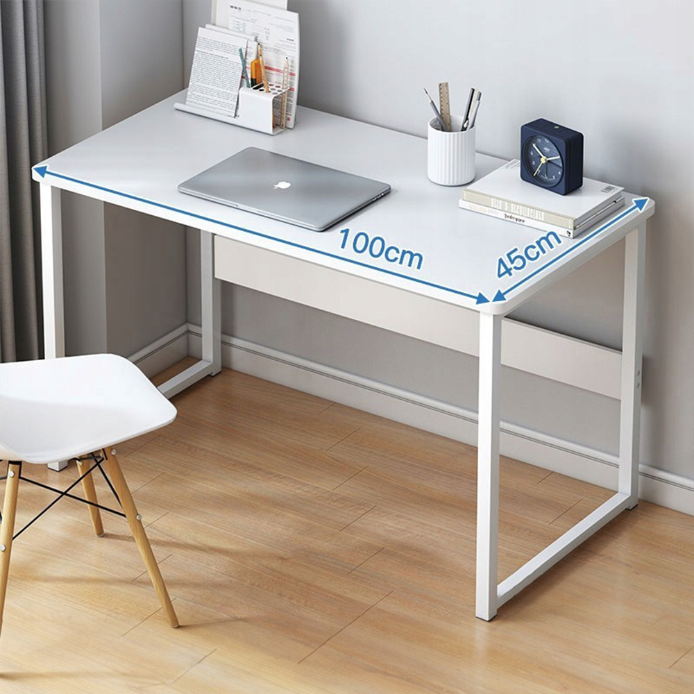 Nowoczesne białe biurko młodzieżowe z wbudowaną półką – 100x45x73 cm, wykonane z MDF, elegancki design.