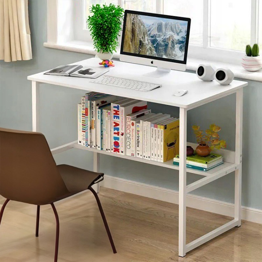 Nowoczesne białe biurko młodzieżowe z wbudowaną półką – 100x45x73 cm, wykonane z MDF, elegancki design.