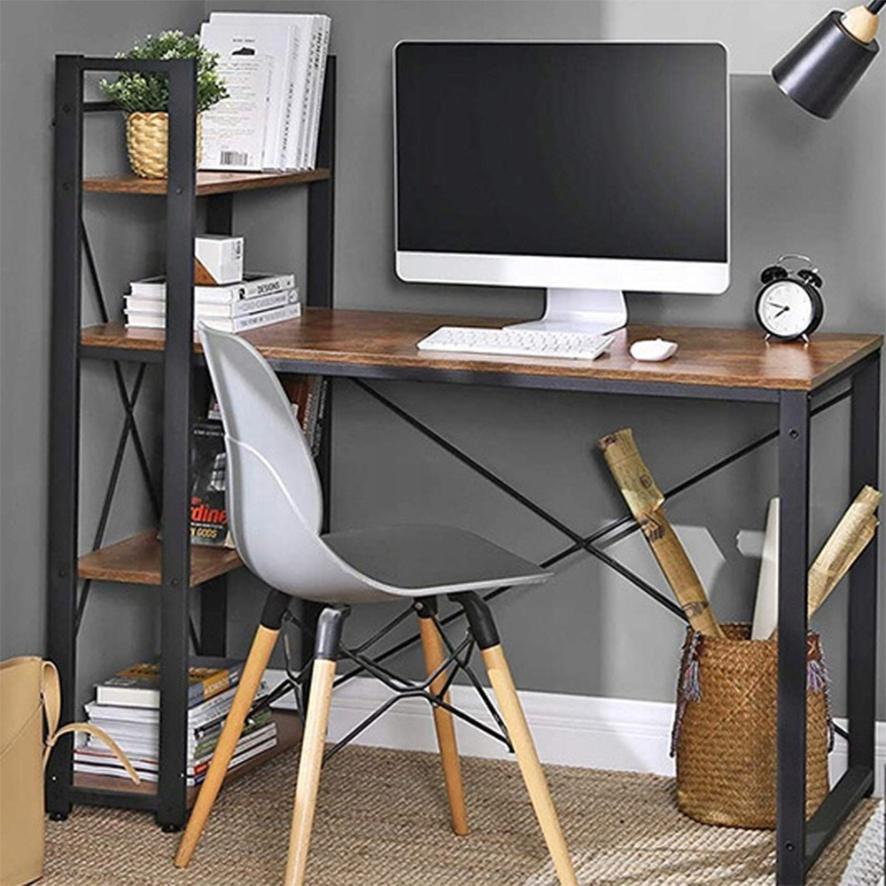 Biurko w stylu industrialnym z wbudowanym regałem – 120x60x120 cm, wykonane z metalu i płyty wiórowej (MDF).