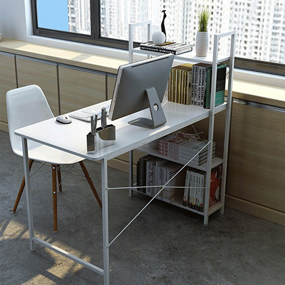 Nowoczesne białe biurko z bocznymi półkami - 120x55x72 cm - idealne do domowego biura