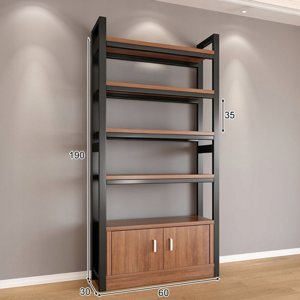 Czarna biblioteczka z metalową ramą, 5 półek z dolną półką — 190x60x30 cm