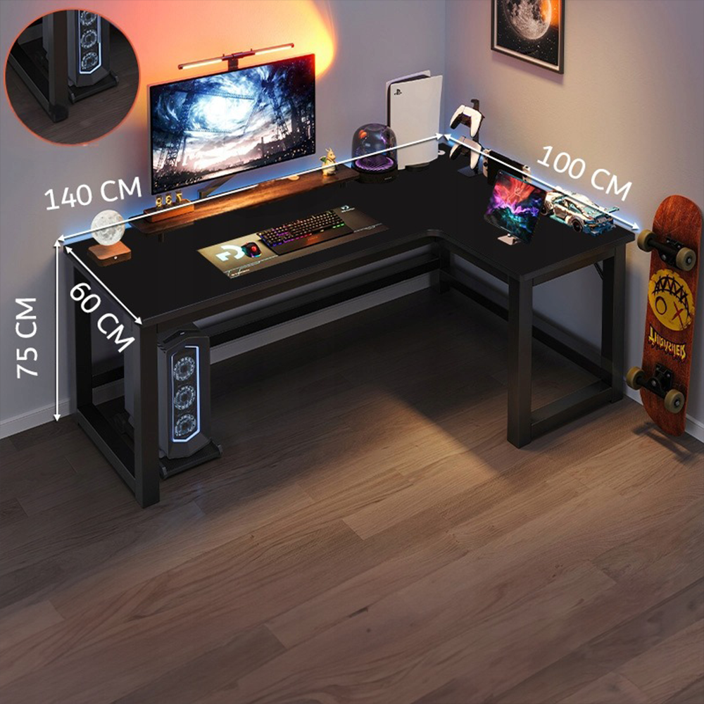 Biurko dla graczy w kształcie litery L 140x100 cm – nowoczesny styl loftowy, czarne, ergonomiczne