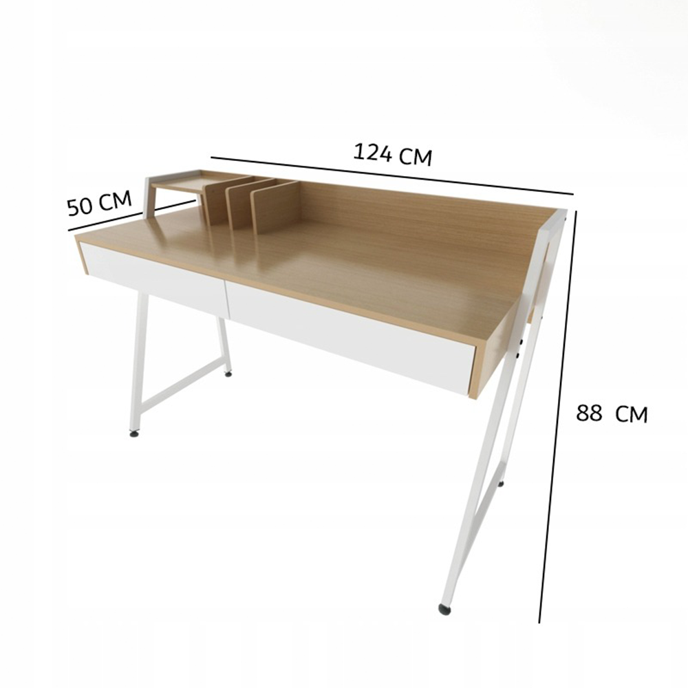 Nowoczesne biurko w stylu loft, 124 cm, z szufladami – jasny dąb