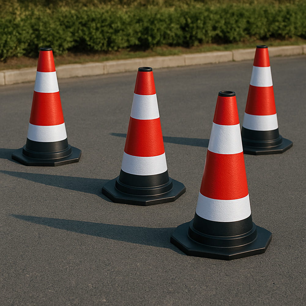 Zestaw 5 elastycznych, odblaskowych pachołków drogowych o wysokości 60 cm – bezpieczne oznaczanie obszaru w ruchu drogowym i na placach budowy