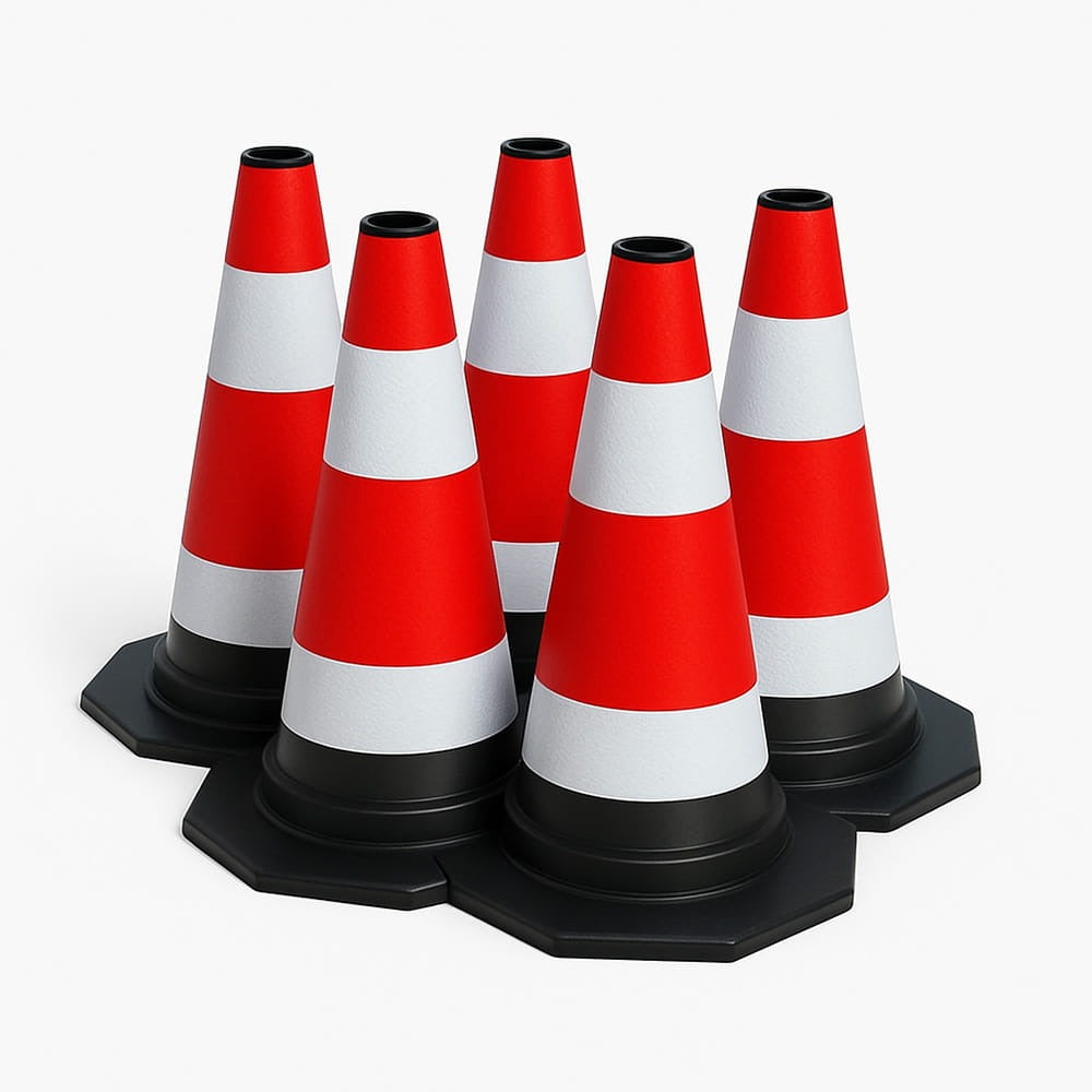 Zestaw 5 elastycznych, odblaskowych pachołków drogowych o wysokości 60 cm – bezpieczne oznaczanie obszaru w ruchu drogowym i na placach budowy