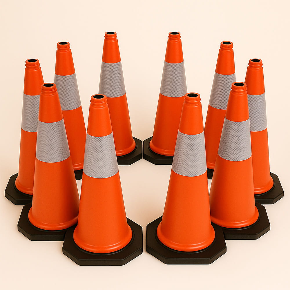 Zestaw 10 pachołków ostrzegawczych – 75 cm, odpornych na warunki atmosferyczne, z taśmą odblaskową