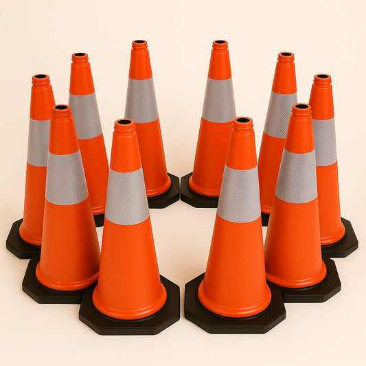 Zestaw 10 pachołków ostrzegawczych – 75 cm, odpornych na warunki atmosferyczne, z taśmą odblaskową