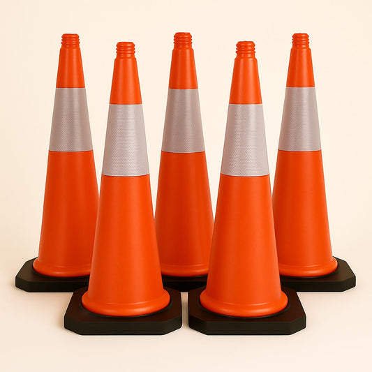 Zestaw 5 pachołków drogowych z paskami odblaskowymi – 75 cm, odpornych na warunki atmosferyczne