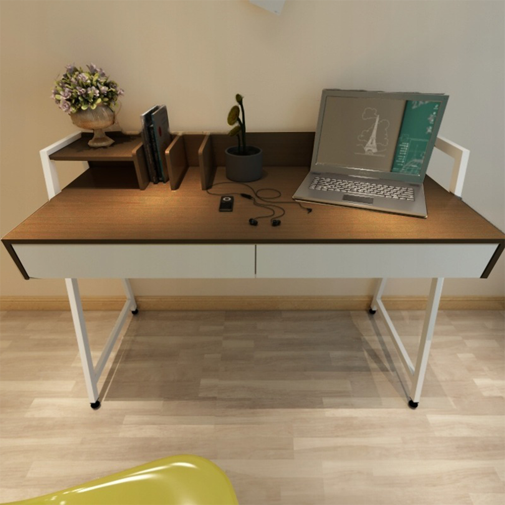 Biurko w stylu loft z szufladami – 100x40x75 cm w kolorze białym i ciemnego dębu.