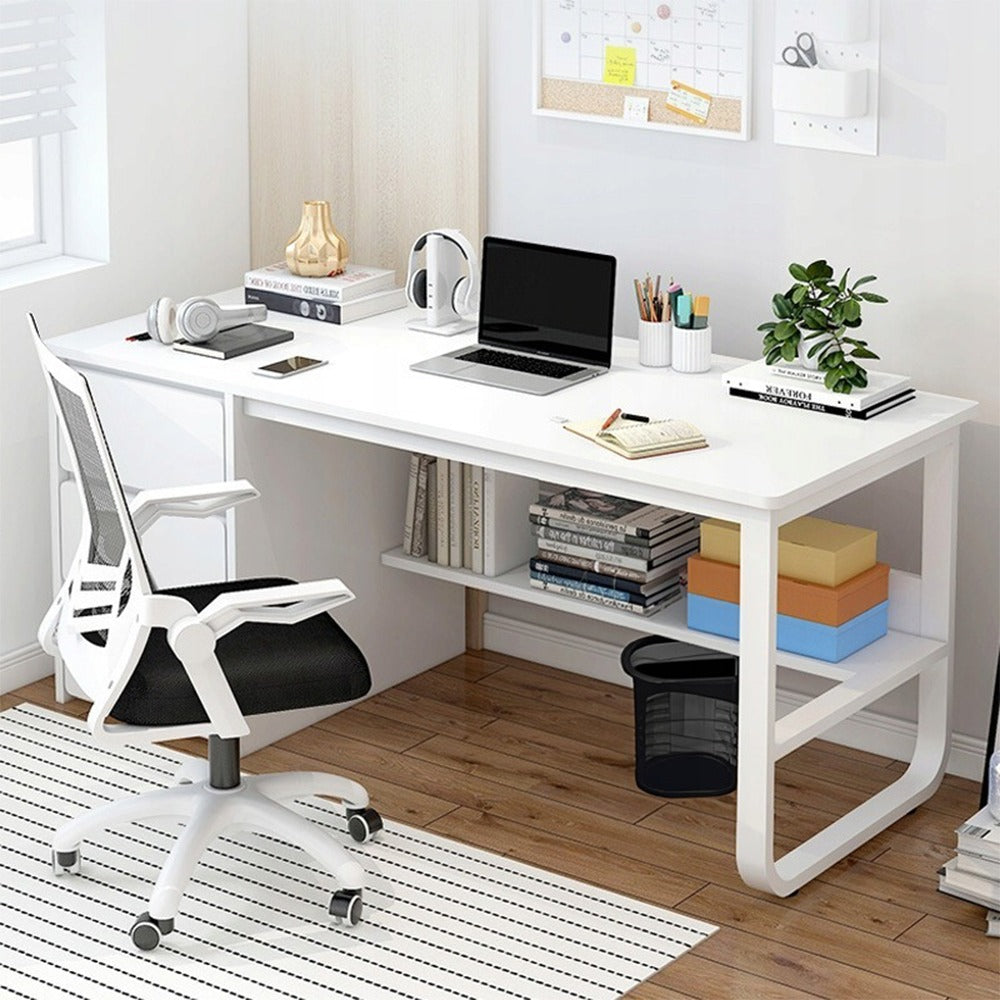 Białe biurko z półkami – 100x50x73,5 cm, minimalistyczny i nowoczesny design.