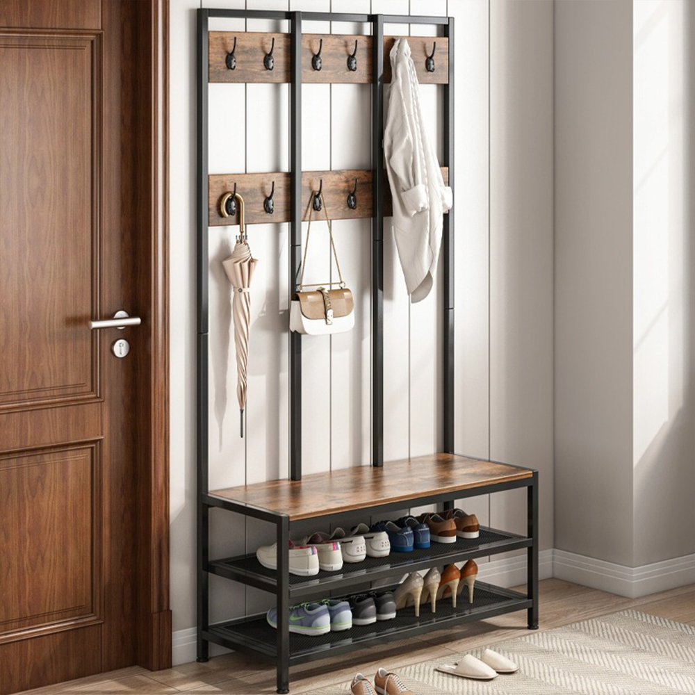 Szafa do przedpokoju z ławką i półką na buty 100x40x186 cm – styl industrialny, kolor ciemny brąz.