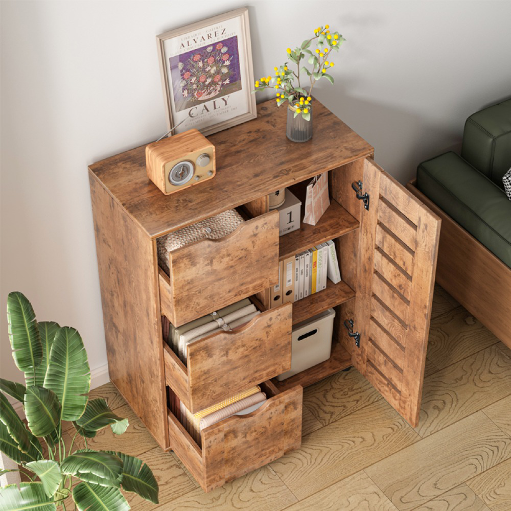 Rustykalna komoda z 4 szufladami i schowkiem z drzwiami z lamelami – 80 x 40 x 100 cm