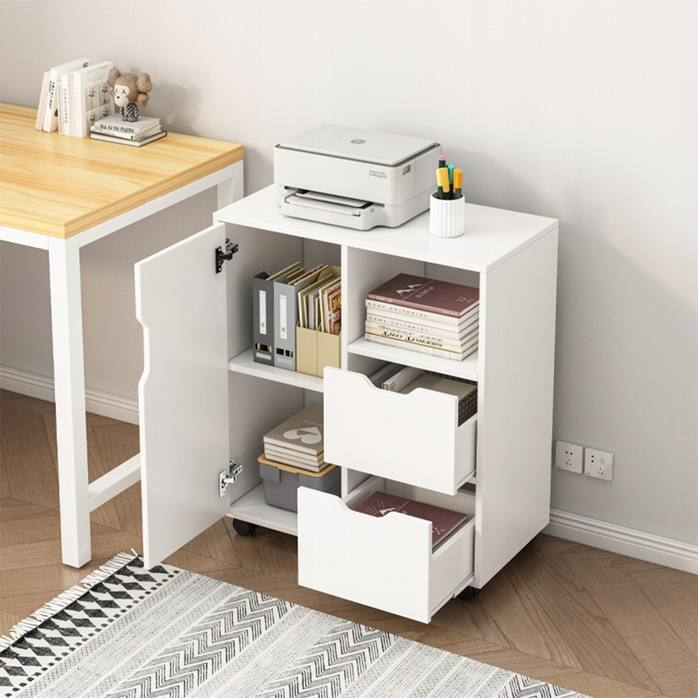 Szafka na drukarkę, biała – 60 x 70 x 35 cm – wielofunkcyjna, nowoczesna, z 3 półkami