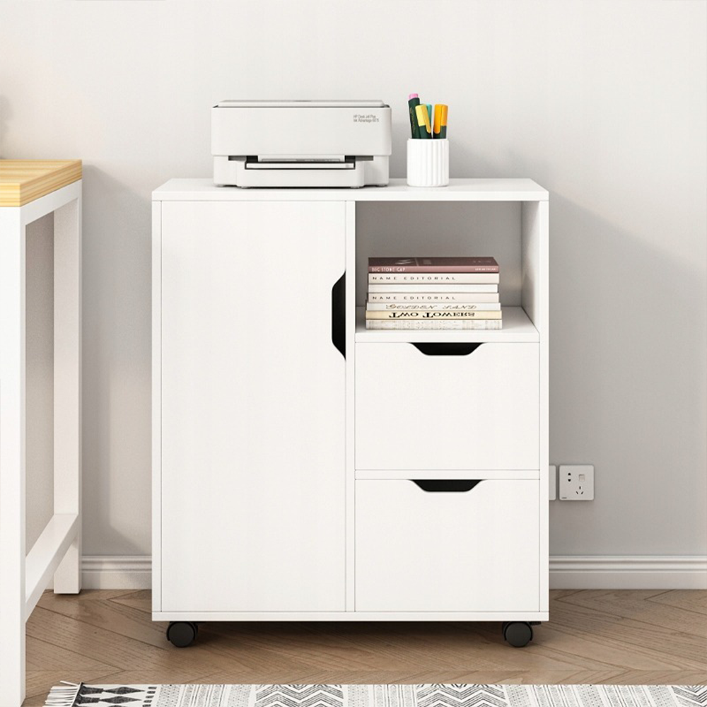 Szafka na drukarkę, biała – 60 x 70 x 35 cm – wielofunkcyjna, nowoczesna, z 3 półkami