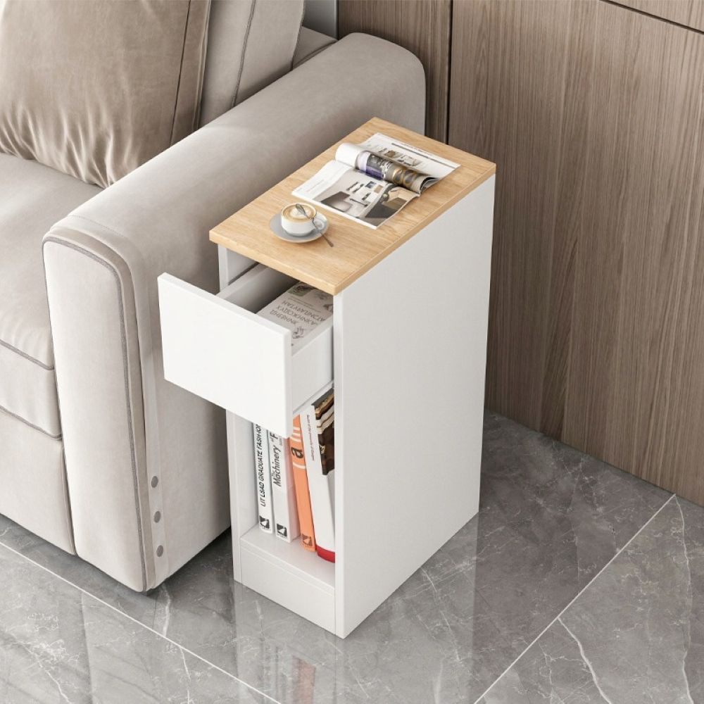 Biała szafka nocna z szufladą i półką – 60 x 20 x 33 cm, styl loftowy, jasny dąb