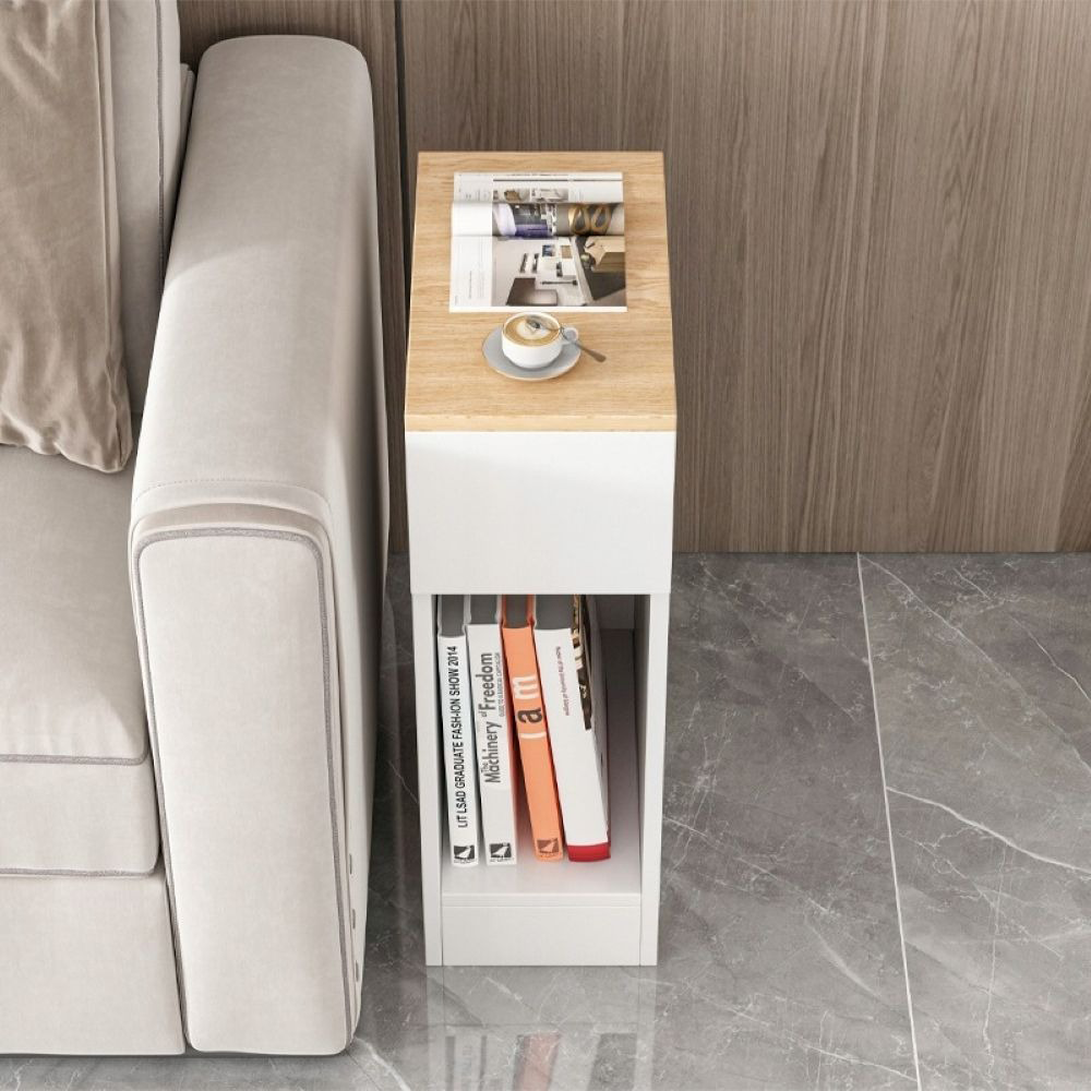 Biała szafka nocna z szufladą i półką – 60 x 20 x 33 cm, styl loftowy, jasny dąb