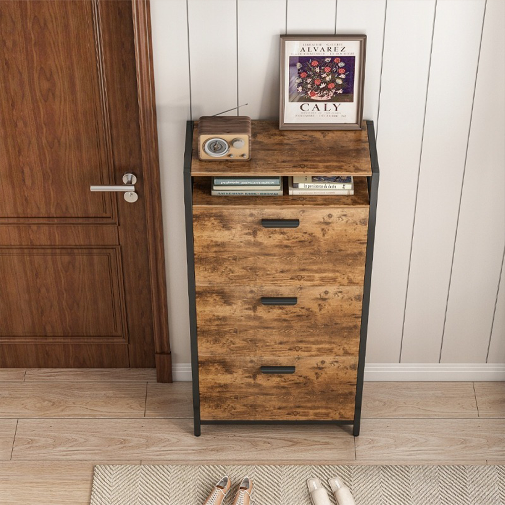 Brązowa rustykalna szafka na buty w stylu loft 60x130x30 cm - 3 półki, MDF + metal, industrialny design