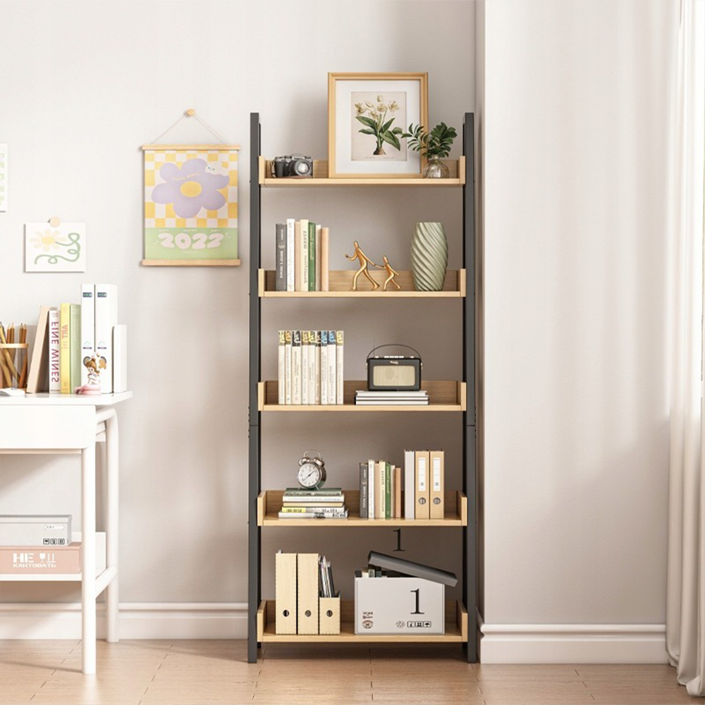 Regał schodkowy 158x63x30 cm – styl loftowy, jasny dąb i czerń, 5 półek