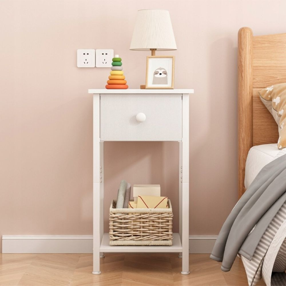 Biała szafka nocna 38x61x28 cm – styl skandynawski z szufladą i półką, MDF