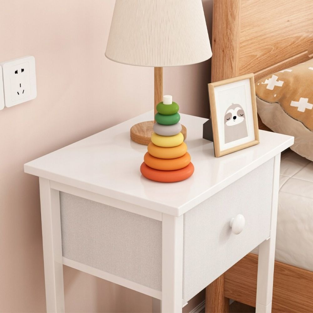 Biała szafka nocna 38x61x28 cm – styl skandynawski z szufladą i półką, MDF