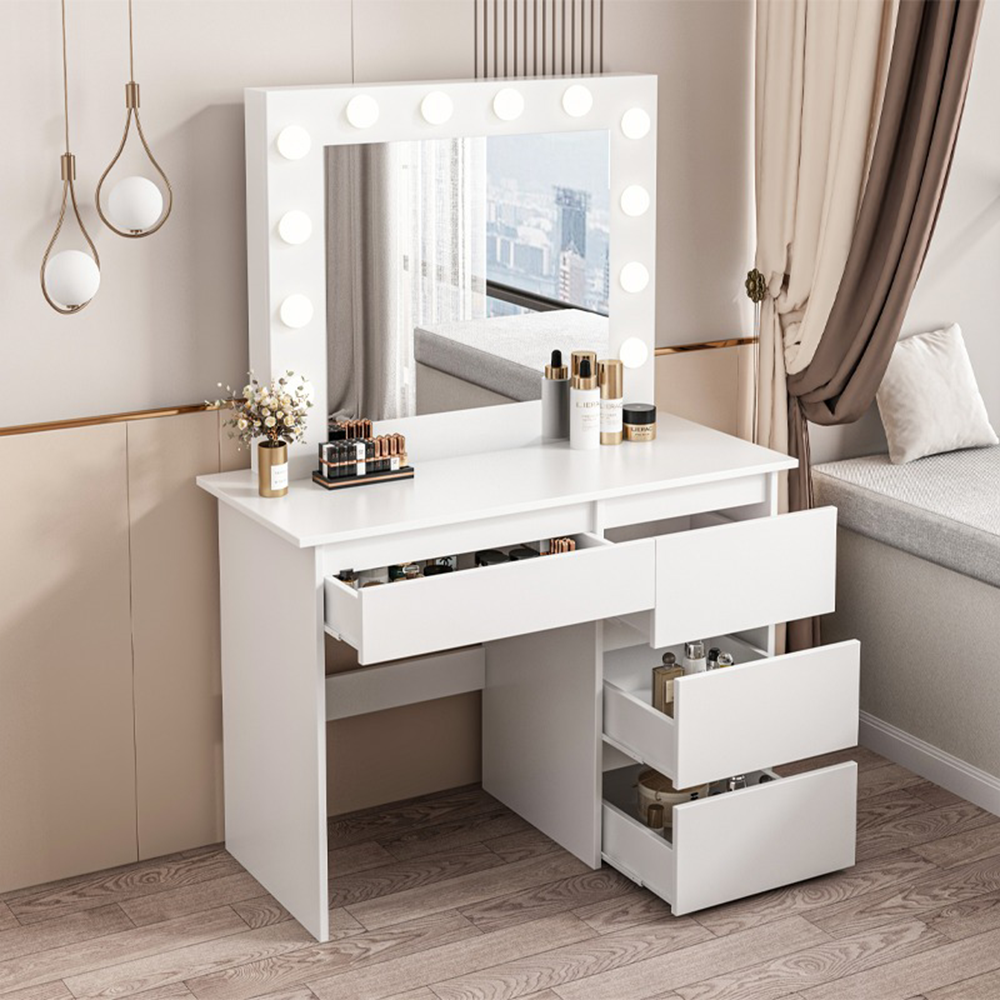 Nowoczesna biała toaletka z oświetleniem LED – 90x140x40 cm, elegancki styl do sypialni lub salonu