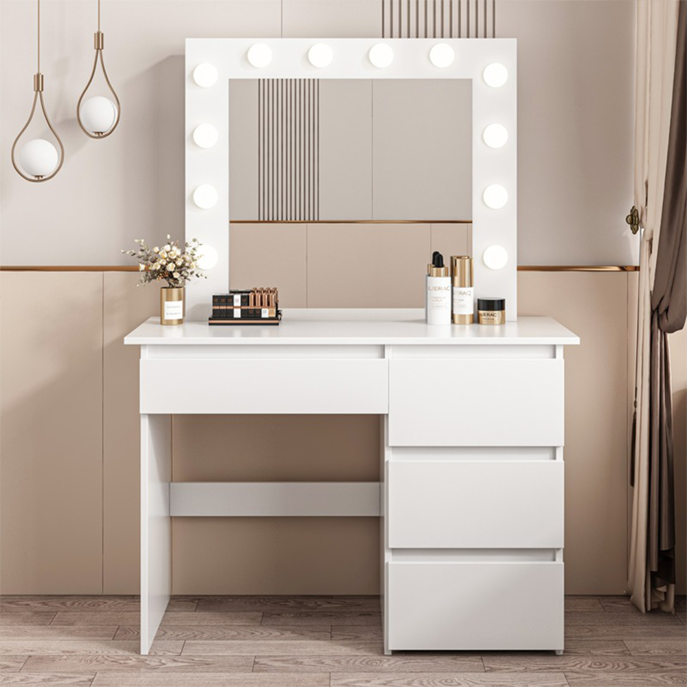 Nowoczesna biała toaletka z oświetleniem LED – 90x140x40 cm, elegancki styl do sypialni lub salonu