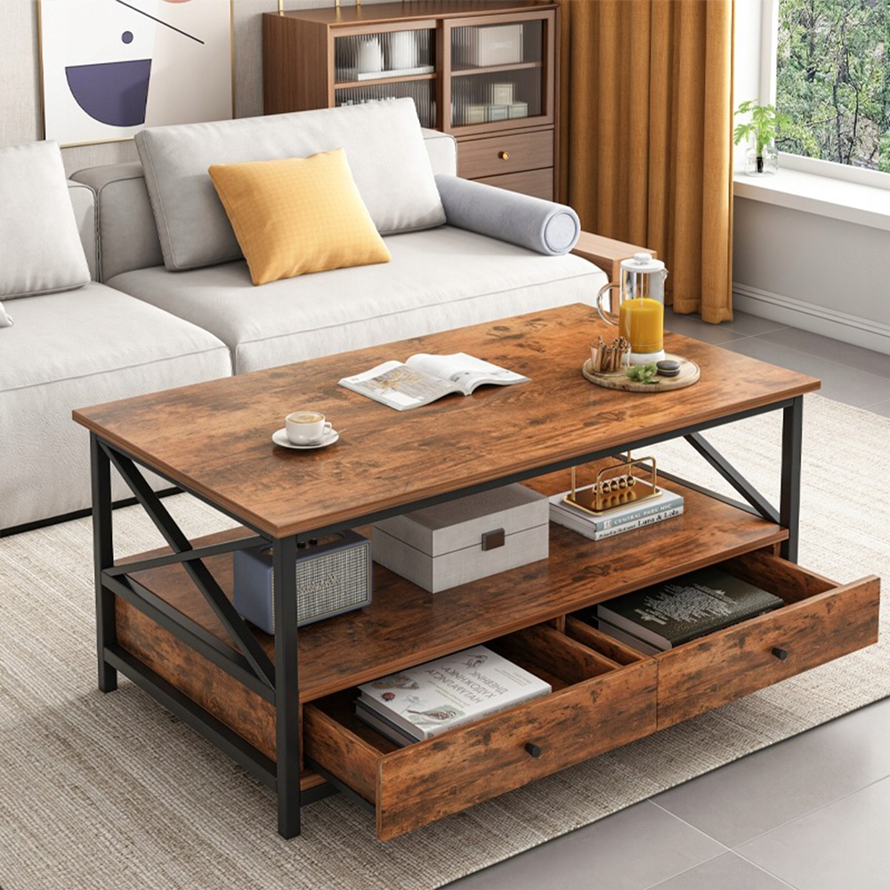 Industrialny stolik kawowy ze schowkiem - 100x55x47 cm