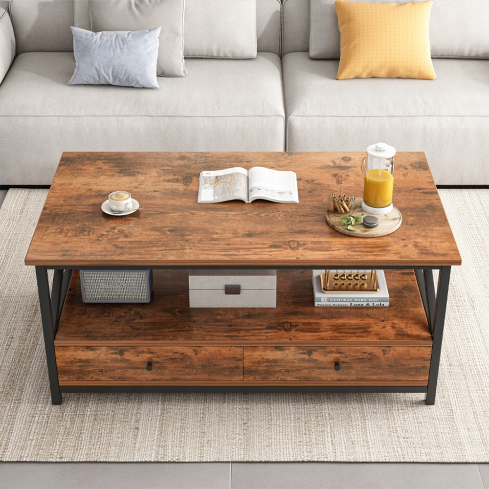 Industrialny stolik kawowy ze schowkiem - 100x55x47 cm