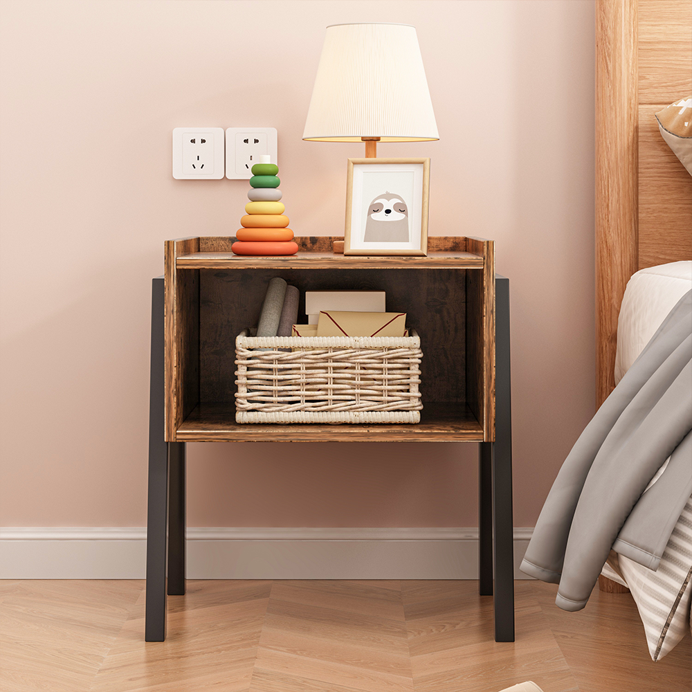 Rustykalny stolik nocny z półką – 43,5 x 35 x 51 cm, styl loftowy, MDF, brązowy