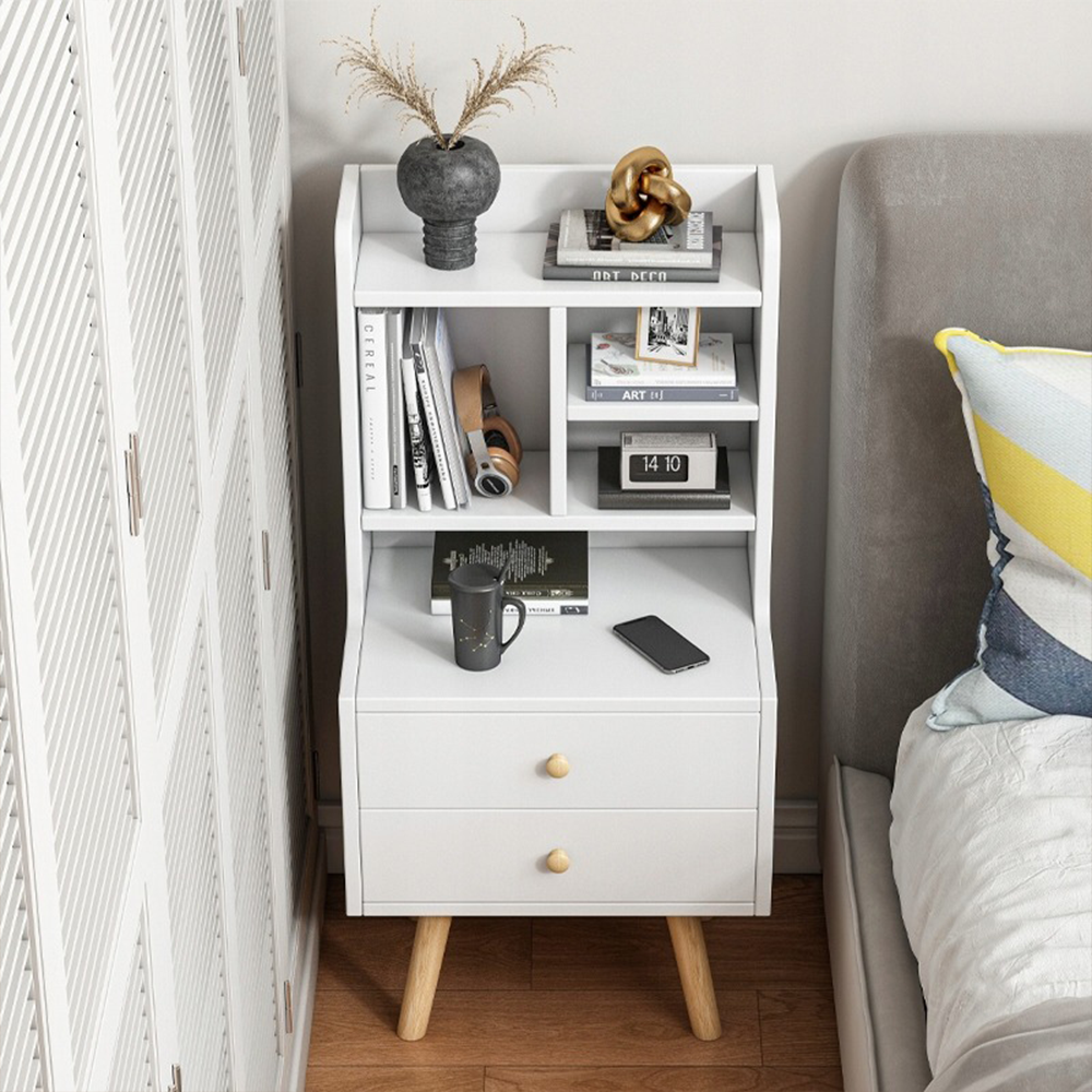 Biała szafka nocna z 2 szufladami i otwartymi półkami – 36x43x90 cm, styl skandynawski