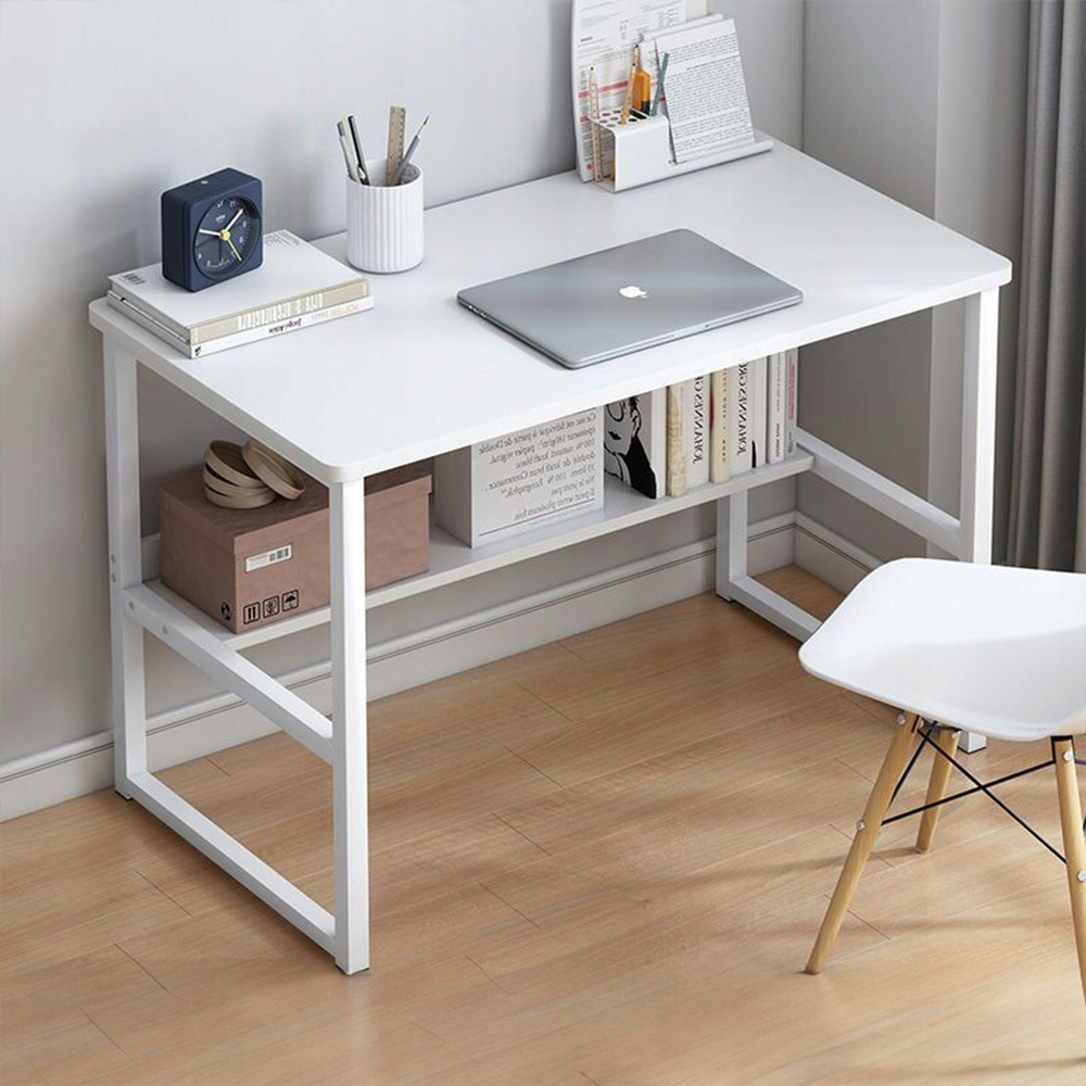 Białe biurko komputerowe w stylu loftowym z półką o długości 100 cm