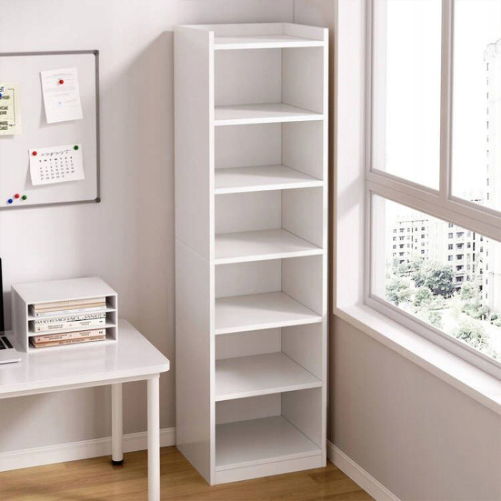 Biała szafka z 7 półkami – 180 x 40 x 30 cm – pionowy stojak na książki, styl minimalistyczny