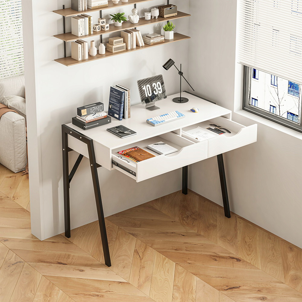 Nowoczesne biurko w kolorze białym matowym z szufladami i czarnymi metalowymi nogami – 80x40x90 cm