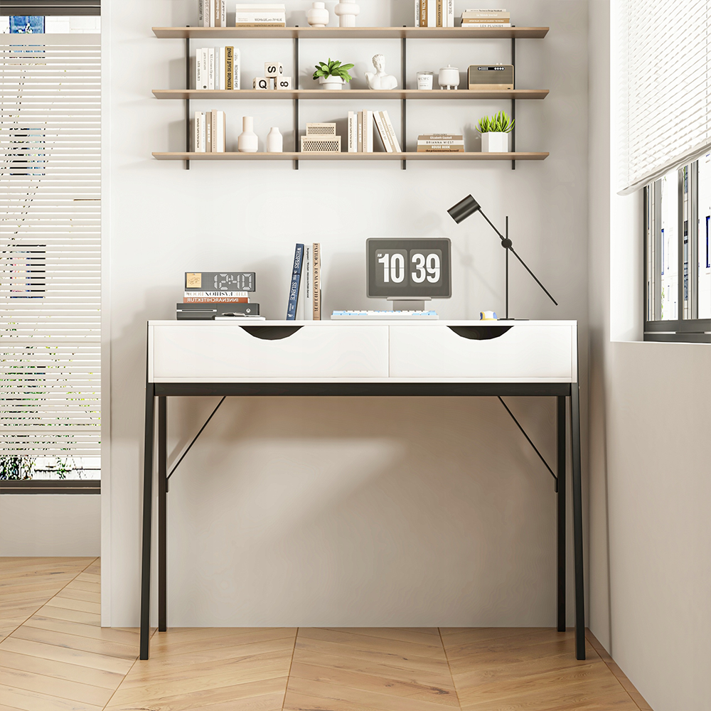 Nowoczesne biurko w kolorze białym matowym z szufladami i czarnymi metalowymi nogami – 80x40x90 cm