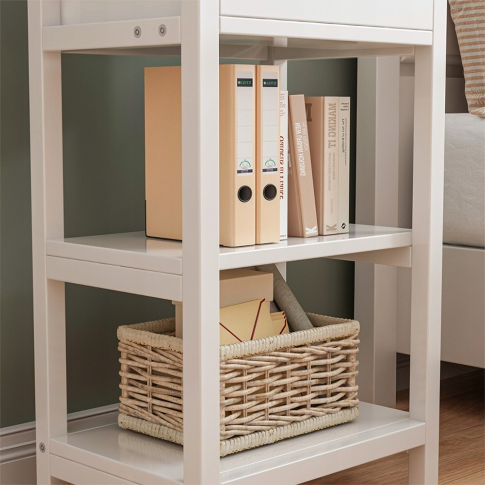 Biała szafka nocna z szufladą i 2 półkami – styl loftowy, MDF, 45x68x30 cm