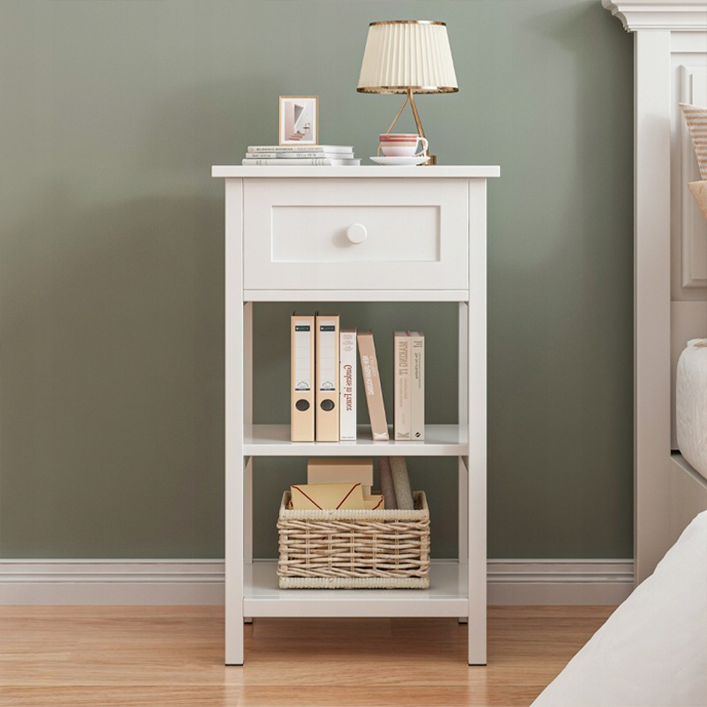 Biała szafka nocna z szufladą i 2 półkami – styl loftowy, MDF, 45x68x30 cm